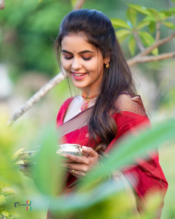 Chaitra Reddy in maroon silk saree photos