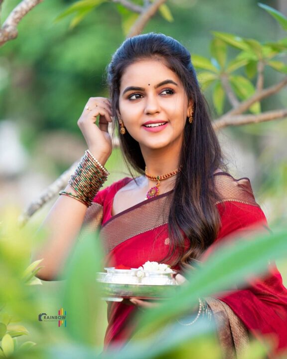 Chaitra Reddy in maroon silk saree photos