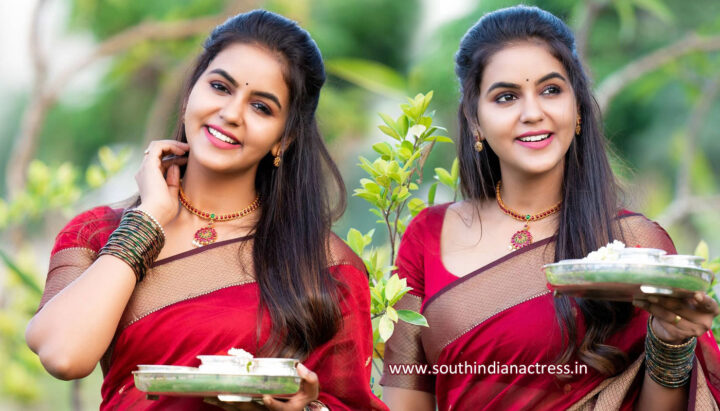 Chaitra Reddy in maroon silk saree photos