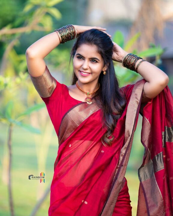 Chaitra Reddy in maroon silk saree photos