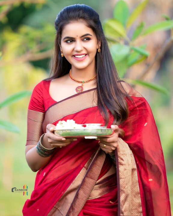 Chaitra Reddy in maroon silk saree photos