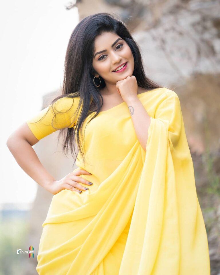 Megha Shetty in yellow saree photoshoot - South Indian Actress