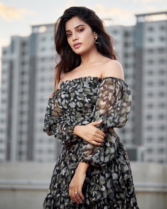 Aathmika in printed Vacay off shoulder Dress