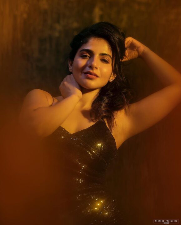 Iswarya Menon in black sequin short dress