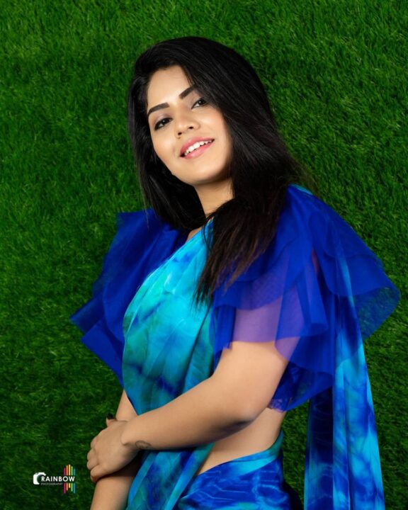 Megha Shetty in blue saree photoshoot stills