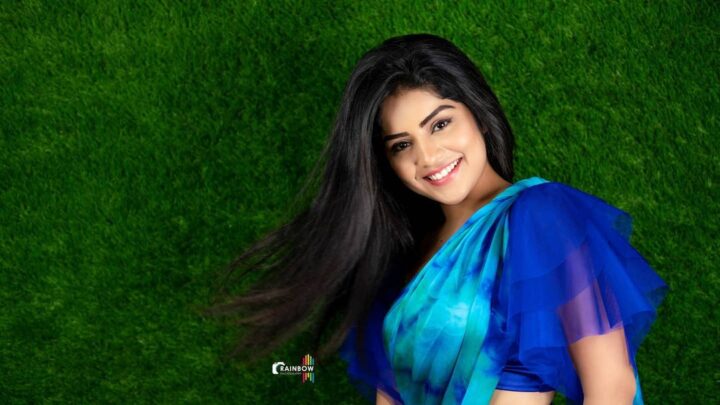 Megha Shetty in blue saree photoshoot stills