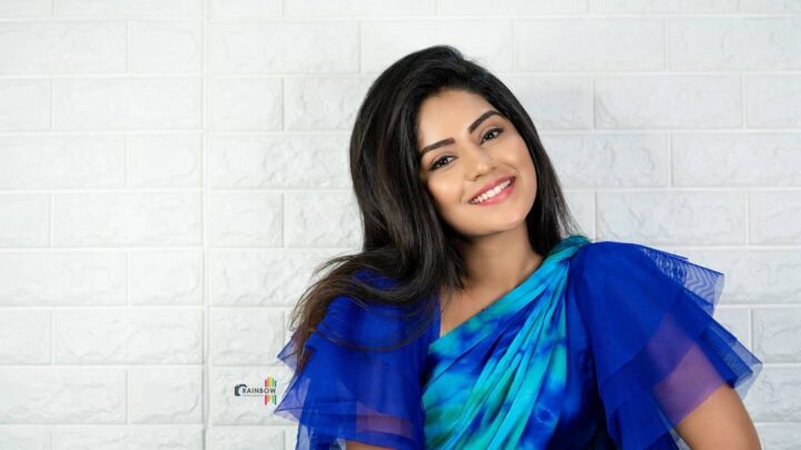 Megha Shetty in blue saree photoshoot stills