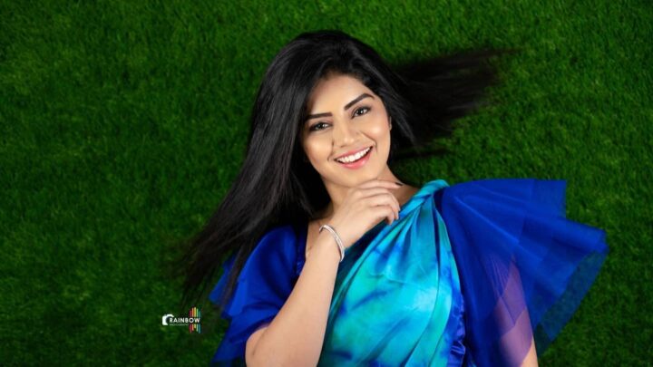 Megha Shetty in blue saree photoshoot stills