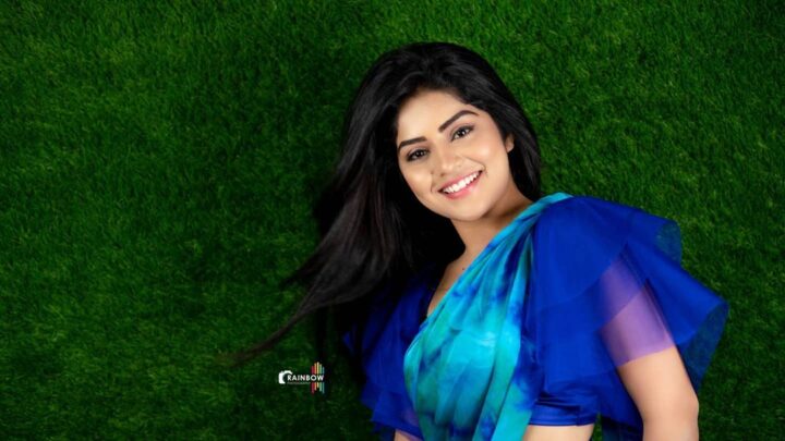 Megha Shetty in blue saree photoshoot stills