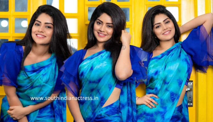 Megha Shetty in blue saree photoshoot stills