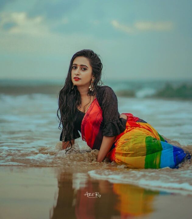 Sreelakshmi Aravindakshan in multicolour saree photoshoot