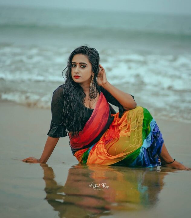 Sreelakshmi Aravindakshan in multicolour saree photoshoot