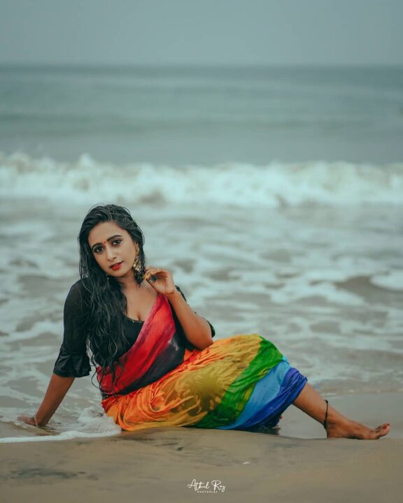 Sreelakshmi Aravindakshan in multicolour saree photoshoot