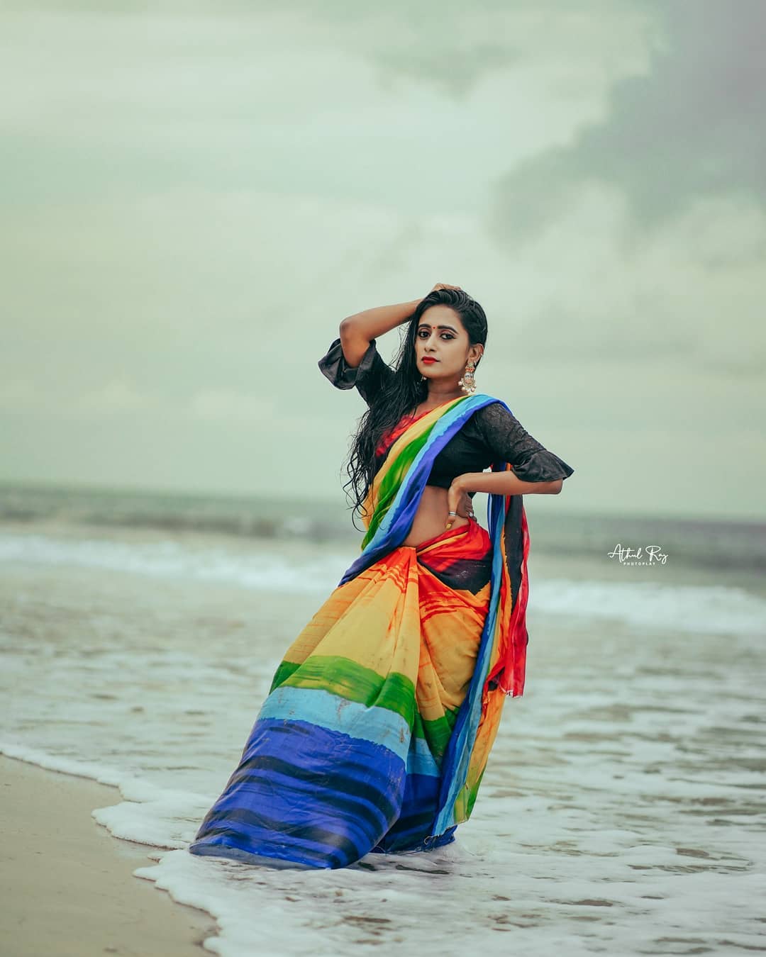 Sreelakshmi Aravindakshan in multicolour saree photoshoot