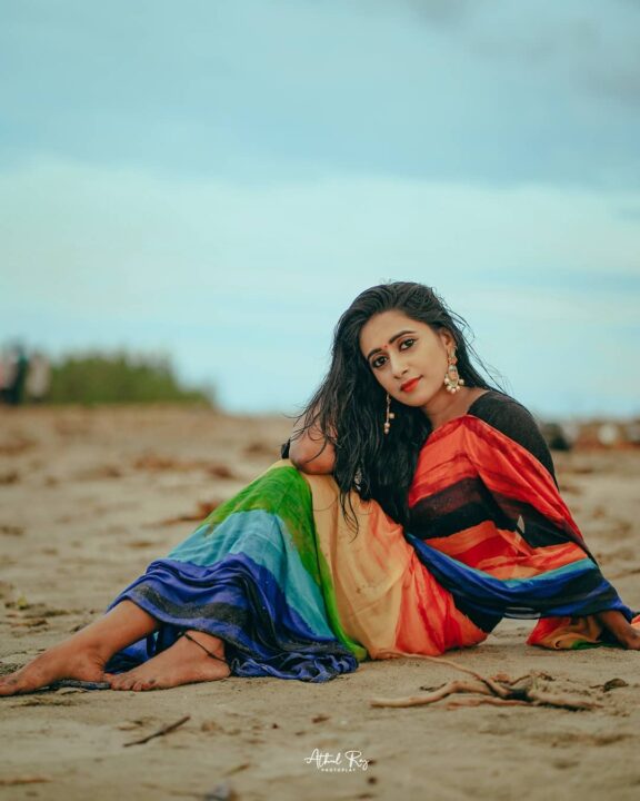 Sreelakshmi Aravindakshan in multicolour saree photoshoot