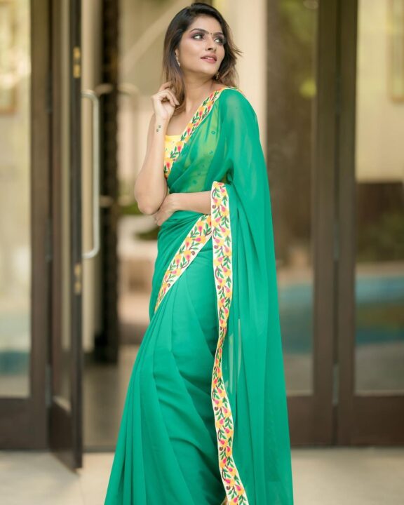 Subalakshmi Rangan stills in green georgette saree