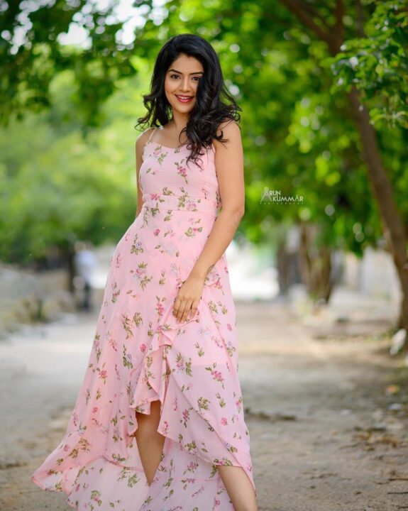 Megha Shetty stills in pink printed Maxi Dress