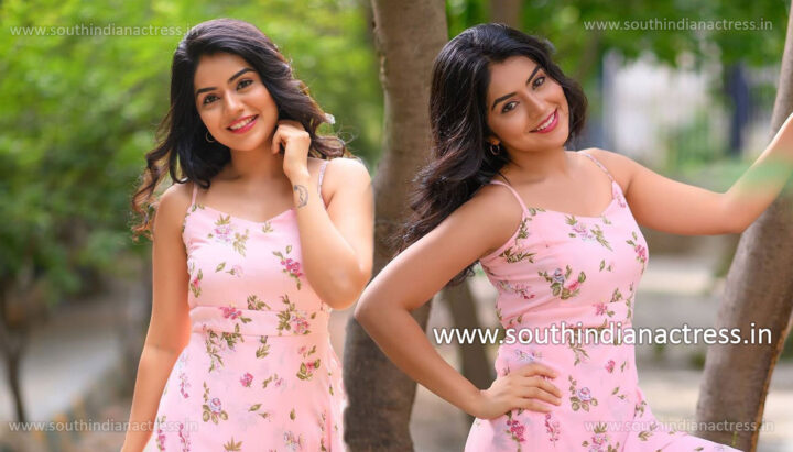 Megha Shetty stills in pink printed Maxi Dress