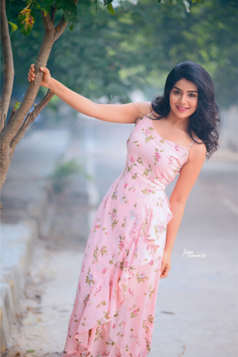 Megha Shetty stills in pink printed Maxi Dress