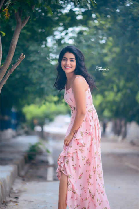 Megha Shetty stills in pink printed Maxi Dress