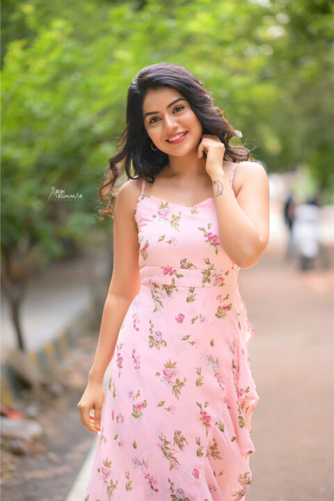 Megha Shetty stills in pink printed Maxi Dress