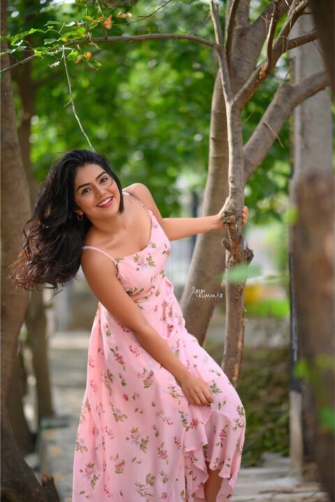 Megha Shetty stills in pink printed Maxi Dress
