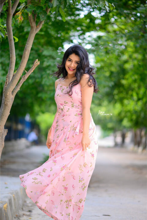 Megha Shetty stills in pink printed Maxi Dress