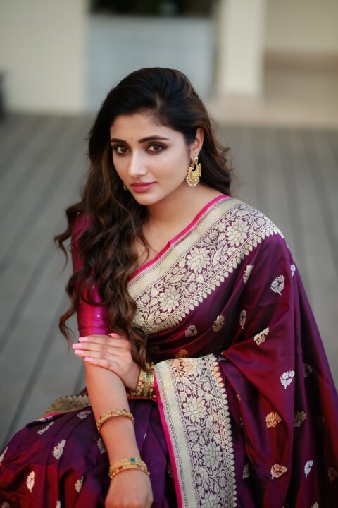 Mirna Menon in maroon silk saree photos