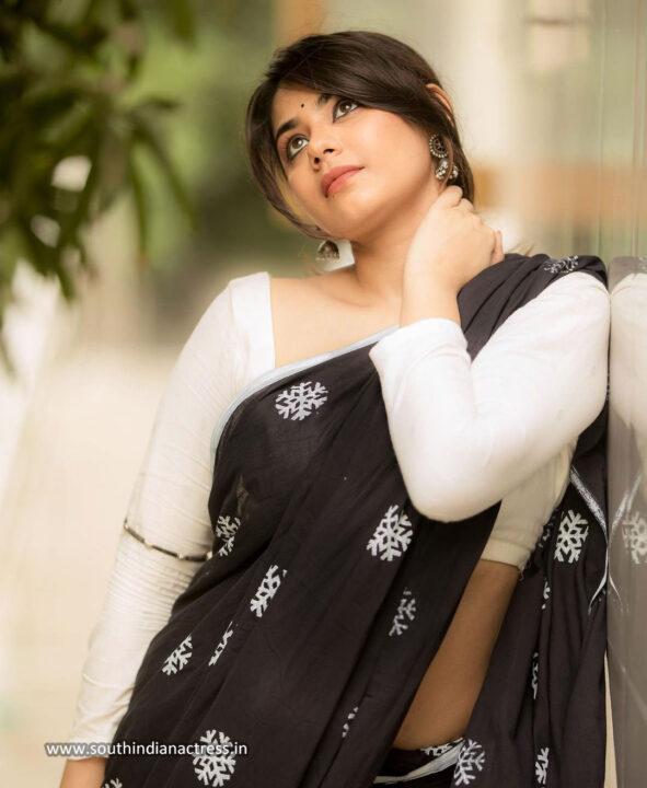 Monica Chinnakotla in black printed saree photos