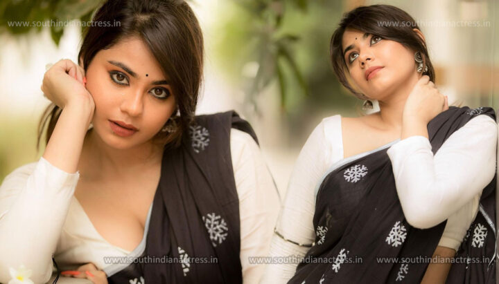 Monica Chinnakotla in black printed saree photos