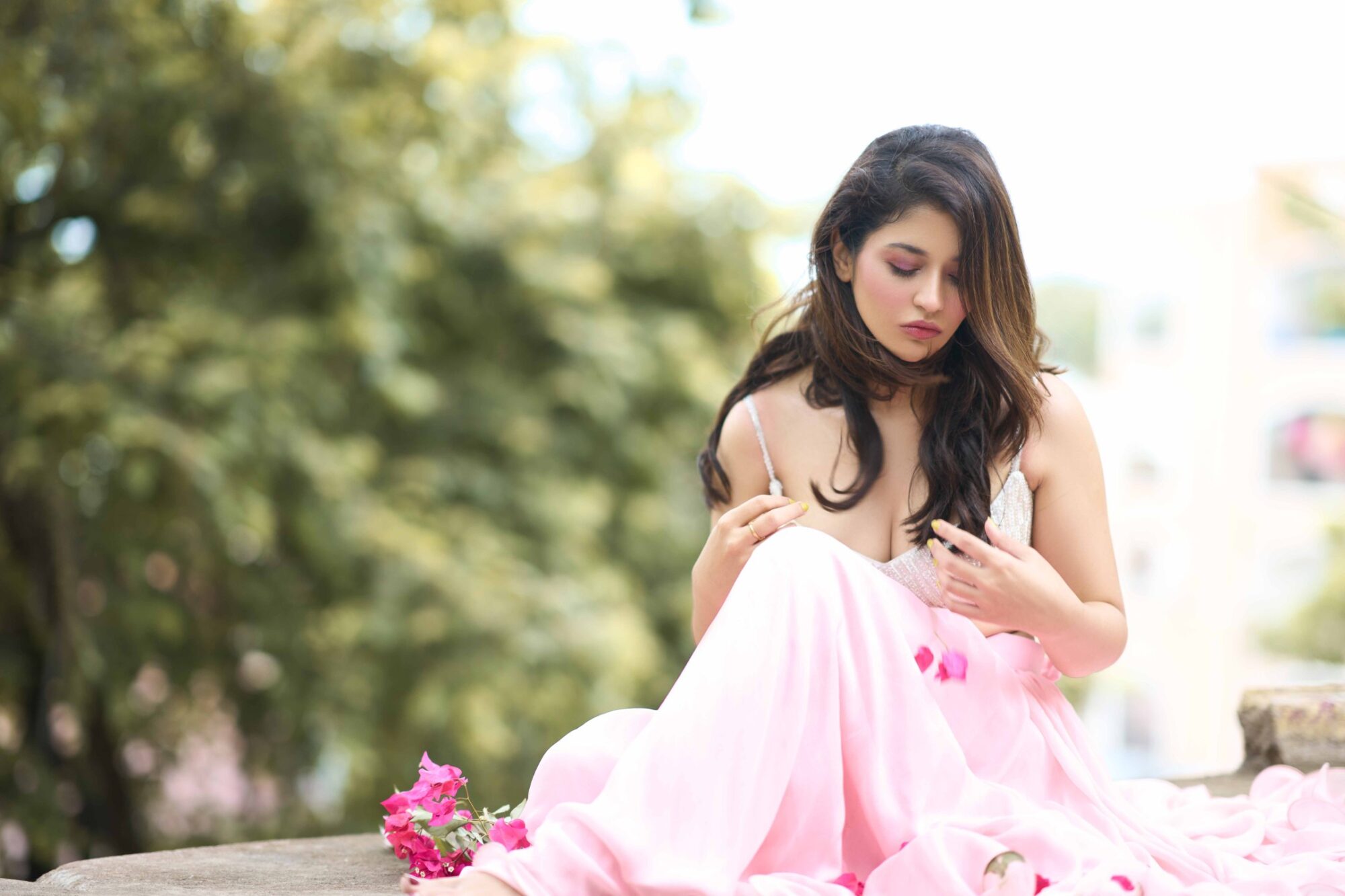 Priyanka Jawalkar hot cleavage stills in Pink dress