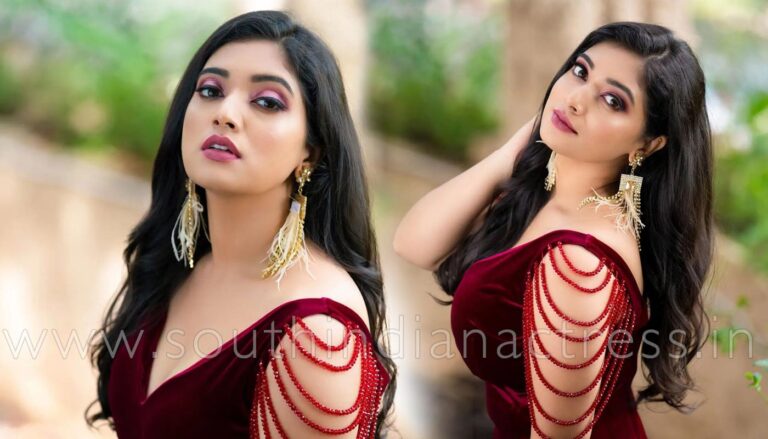 Priyanka Thimmesh in maroon gown photos by Kiran Shivaraj