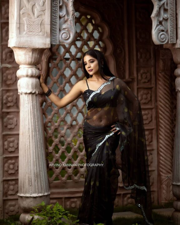Sakshi Agarwal hot navel stills in black organza saree