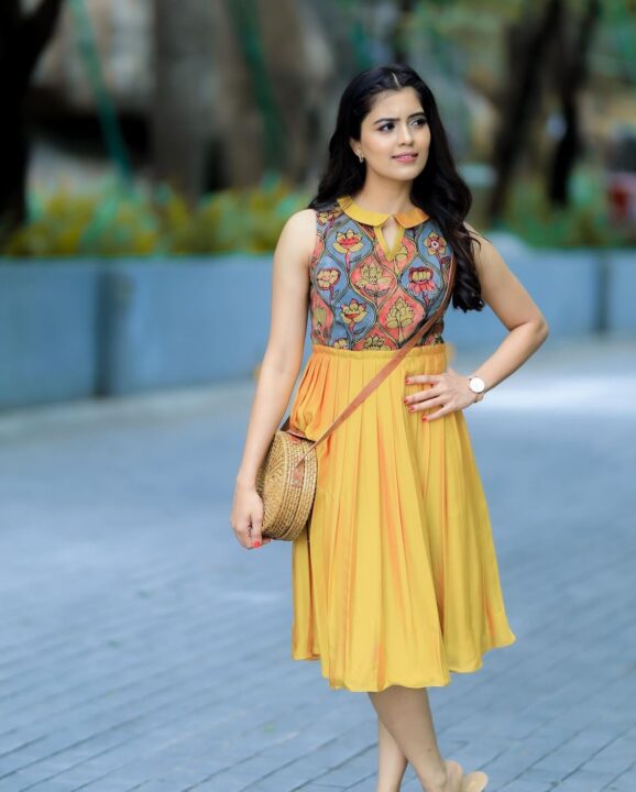 Amritha Aiyer in Peter Pan collar gown photos