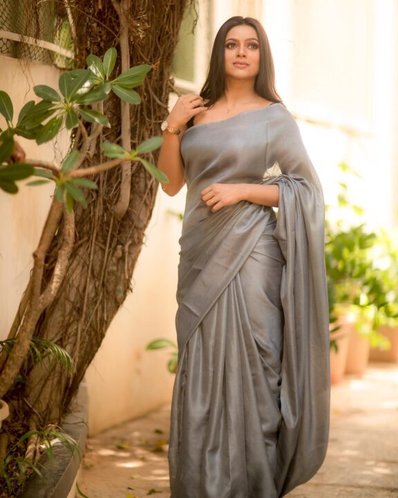 Delna Davis in grey jute saree photos