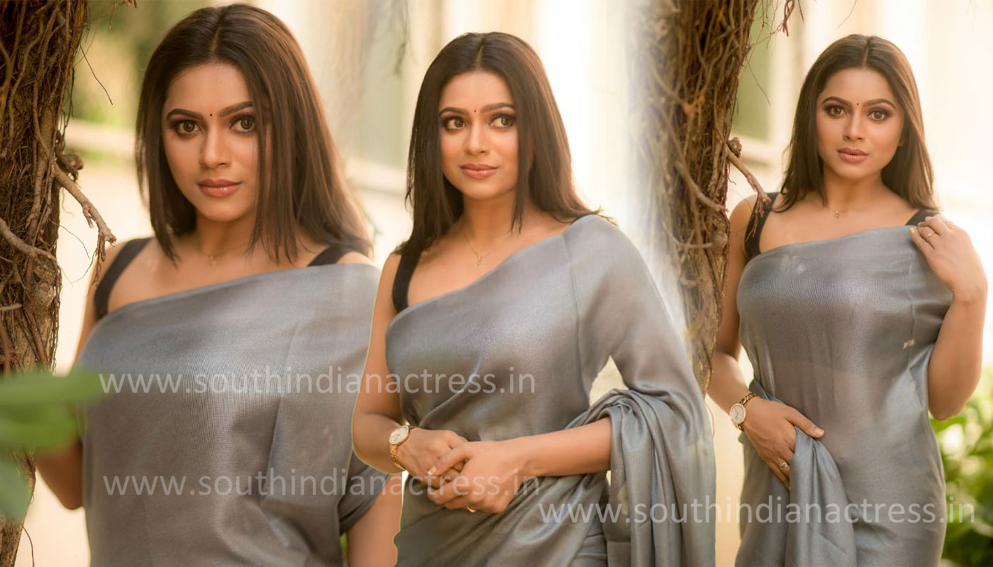 Delna Davis in ash grey jute saree photos