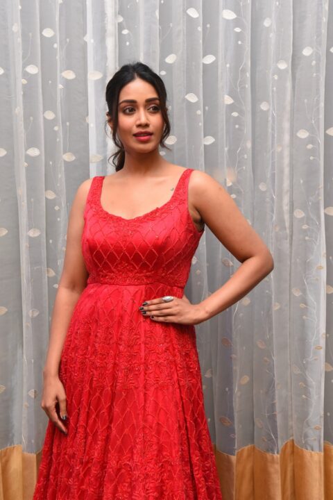 Nivetha Pethuraj in red dress at Paagal Movie Pre-Release Event