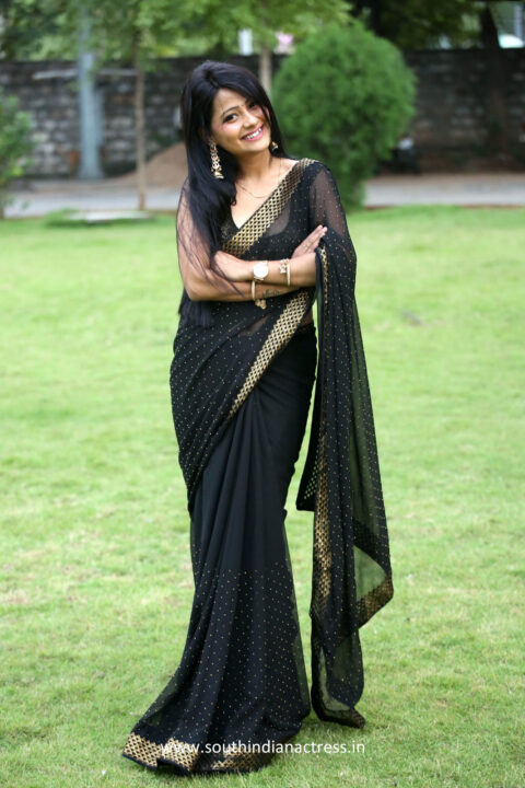 Shubhangi Pant in black saree at Rave Naa Cheliya Trailer Launch