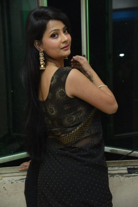 Shubhangi Pant in black saree at Rave Naa Cheliya Trailer Launch