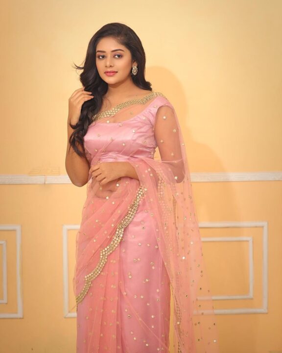 Deepa Umapathy in transparent pink saree photos