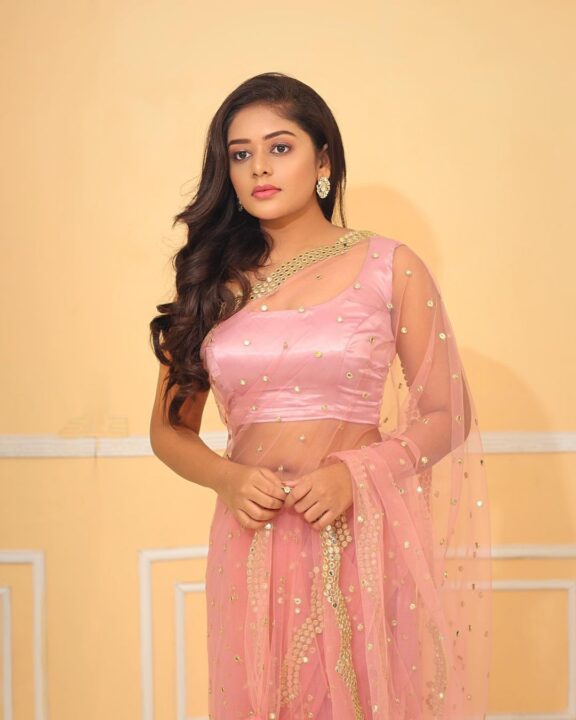 Deepa Umapathy in transparent pink saree photos