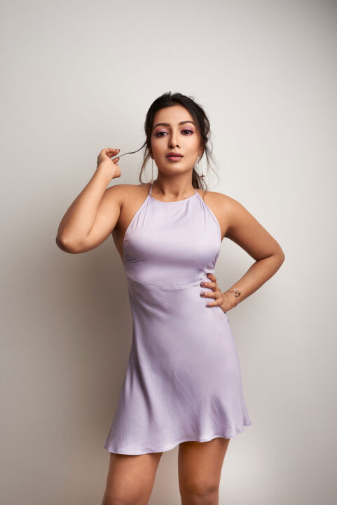 Catherine Tresa in lavender color satin Mini Dress