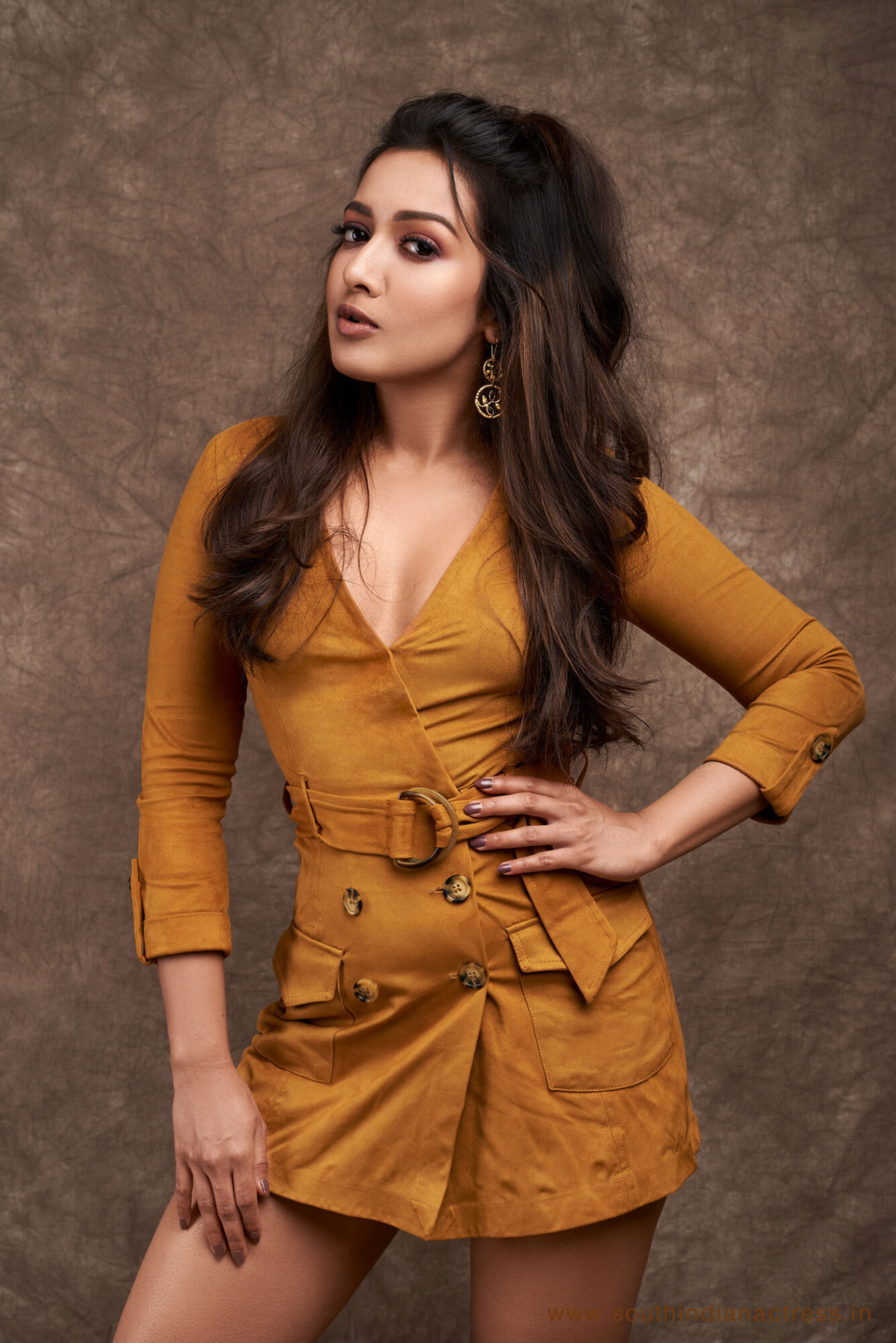 Catherine Tresa wearing Long Sleeve Plunge Buttoned Bodycon Dress