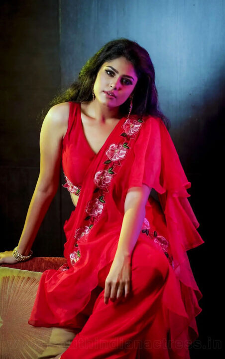 Faria Abdullah in Red ruffle saree photos