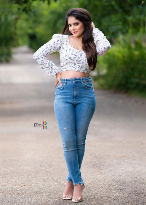 Kruthika Rao in floral top and jeans photos