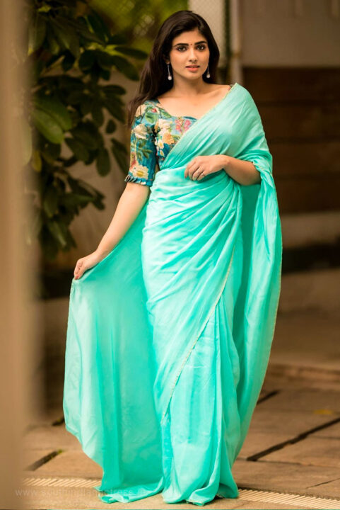 Pragya Nagra in plain teal blue saree photos