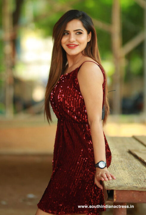 Ashu Reddy hot stills in red sequin short dress