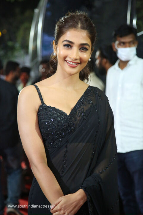 Pooja Hegde in black saree at Most Eligible Bachelor success meet