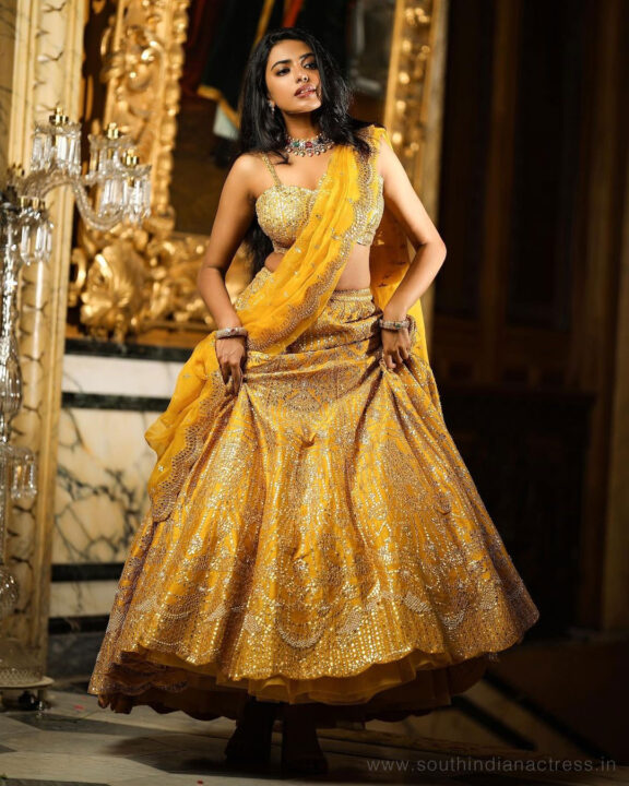 Shivani Rajashekar in yellow bridal lehenga