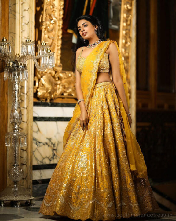 Shivani Rajashekar in yellow bridal lehenga